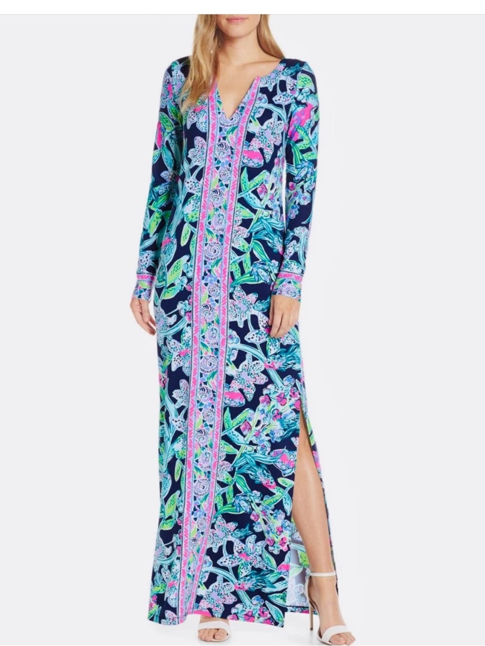 Lilly Pulitzer Navy Tropical Floral V‑Neck Long Sleeve Maxi Dress